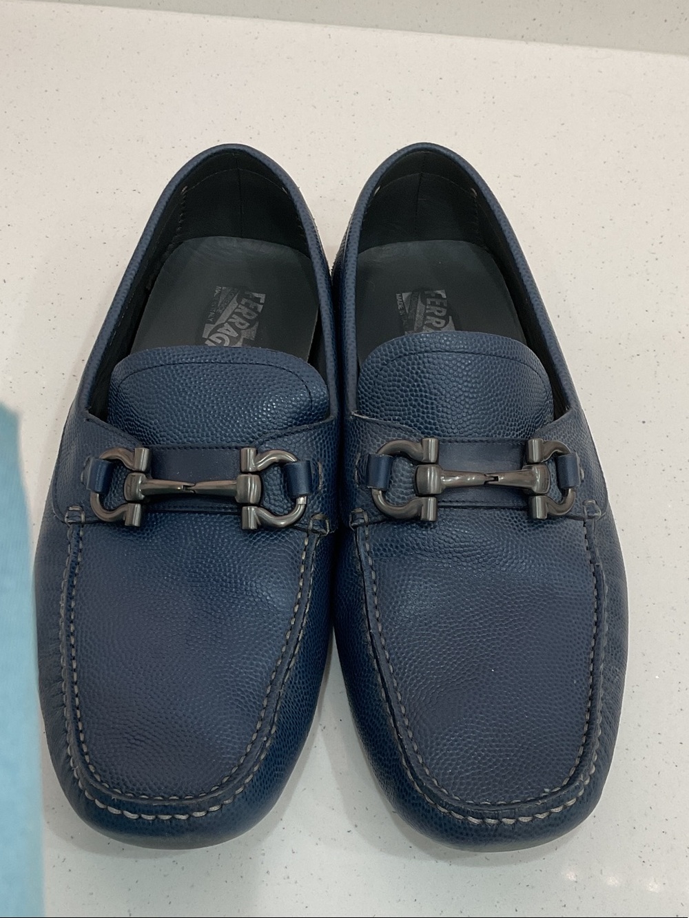 Salvatore Ferragamo Navy Blue Pebbled Leather Bit Loafers